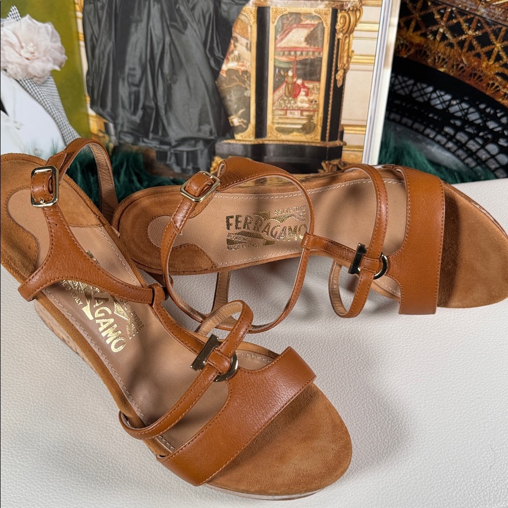 Salvatore Ferragamo brown Leather Wedge Sandals size 7 - Picture 3 of 12